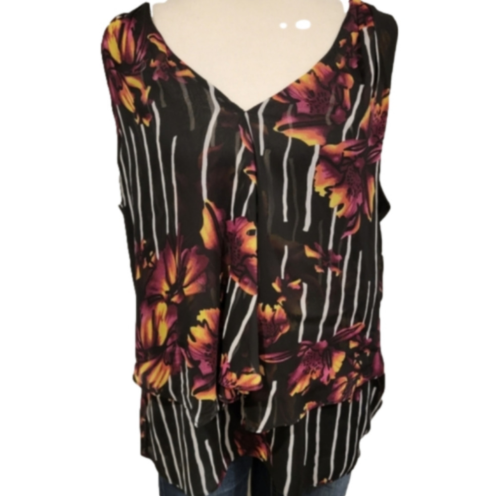 Milano Sleeveless Open Flap Floral/Striped Flowy Top Size L
